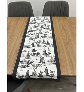 Toile De Jouy Paris Runner 40x110 cm  %100 Pamuk Dijital Baskılı Masa Örtüsü  Klasik Fransız Tarzı (Siyah)
