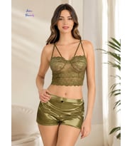 Intive Yağ Yeşili Saten Şortlu Tamamı Dantel Bralet Takım-Hediyeye Uygun