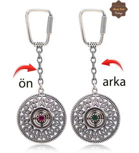 Yakut ve Zümrüt Taşlı Lale Model Çift Taraflı Oksitli Gümüş Telkari Anahtarlık 201025181