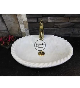 Sipahi Marble Beyaz Mermer Antik Dizayn Oval Lavabo - Batarya Çıkışlı