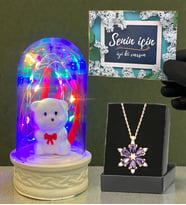 Renkli Led Işıklı Tasarım Fanus ve Gerçek Ametist Taşlı Lotus Kolye (Model 1)