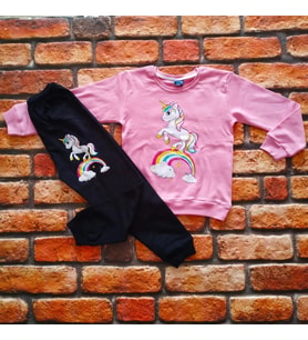 ünikorn pony desenli baskılı %pamuklu kız çocuk pembe pijama takımı