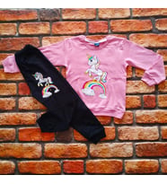 ünikorn pony desenli baskılı %pamuklu kız çocuk pembe pijama takımı