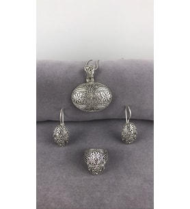 Telkari Çift Çiçekli Oval Gümüş Kadın Set