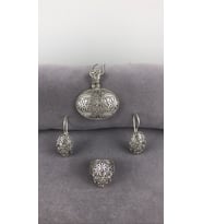 Telkari Çift Çiçekli Oval Gümüş Kadın Set