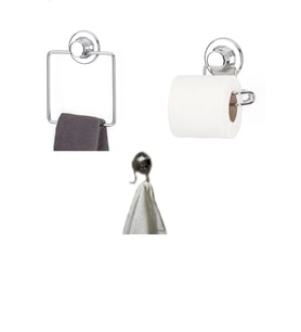 Hem Vakumlu Hem Vidalı Banyo Aksesuarı 3 lü Set Kare Havluluk + Tuvalet Kağıtlığı + 2 Kancalı Havlu  (Gümüş)