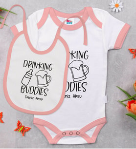 BK Kids Kişiye Özel Drinking Buddies Tasarımlı Pembe Bebek Body Zıbın ve Mama Önlüğü Hediye Seti-1