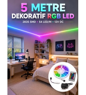 5 Metre Rgb Şerit Led 2835 Smd 54 Led/m Uzaktan Kumandalı Dekoratif Aydınlatma