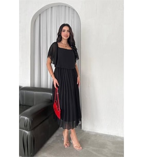 Neşeli butik kadın siyah pileli midi boy şifon elbise NBK4102