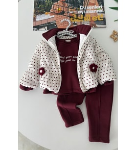 Puantiyeli Çiçek Aplikeli Şişme Montlu Kız Bebek 3’lü Takım - Bordo