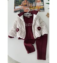 Puantiyeli Çiçek Aplikeli Şişme Montlu Kız Bebek 3’lü Takım - Bordo