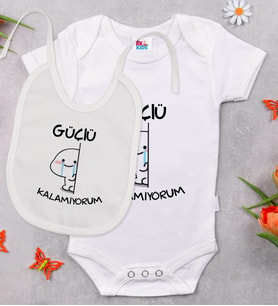 BK Kids Güçlü Kalamıyorum Tasarımlı Beyaz Bebek Body Zıbın ve Mama Önlüğü Hediye Seti-1