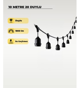 10 Metre 20 Duy E27 Dış Mekan LED Zincir Aydınlatma – Bahçe, Kafe ve Organizasyon Işık Seti (Ampulsü (Siyah)