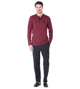 D'S Damat Erkek  Pijama Takımı Yarım Patlı Uzun Kol Bordo (Çok Renkli)