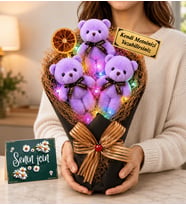 Kişiye Özel Yazılı Renkli LED Işıklı Büyük Boy Mor Peluş Ayıcık Buketi
