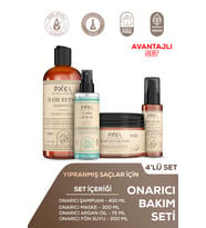 PXEL Onarıcı Şampuan - Maske - Argan Yağı Serum - Fön Suyu 4’lü Set  Yıpranmış ve Kuru Saçlar İçin Yoğun Bakım 400 ML, 300 ML, 75 ML, 200 ML