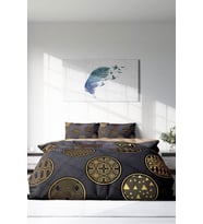 Çift Kişilik ( Lastikli Çarşaflı ) %100 Pamuk Saten Nevresim Takımı Gold Black Circle