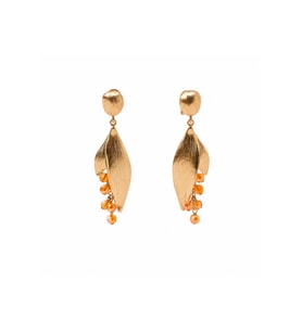 Kadın Gold Yaprak Model Turuncu Taş Detaylı Sallantılı Küpe Abiye Günlük Küpe