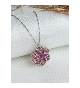 Gümüş Pembe Lotus  Çiçek Madalyon Tasarım Kadın Kolye Doğum Günü Hediye