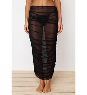 Moda Regular Düz Desen Plaj Midi Boy Siyah Vücuda Oturan Maxi Örme Drapeli Mesh Etek