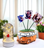 Kişiye Özel 3 Fotoğraflı Vosvos Saksı ve Led Işıklı Beyaz Melekli Fanus (Turuncu)