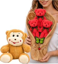 Sevimli Peluş Maymunlu ve Büyük Boy Peluş Ayıcık Buketli Hediye Seti