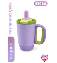 680 ML Tek Kapak Çift Kullanım Pipetli Rahat İçim Kulplu Paslanmaz Çelik Termos Mug FFVGN1113-680ML