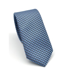 Beyaz Küçük Kare Desenli Mavi Dokuma Kumaş Mendilli Slim Fit Kravat // SDK-2511-5
