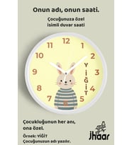 İsme Özel Sevimli Tavşan Çocuk Odası Duvar Saati Orta Boy 30 cm Beyaz Camlı Sessiz