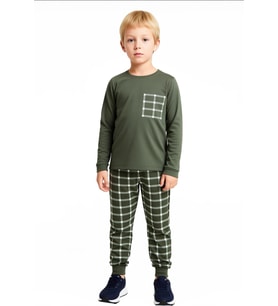 Erkek Çocuk Pamuk Polyester Örme Pijama Takımı Ekose Desenli Kaliteli Şık Rahat