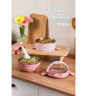 Porsima 66732-1 Stainless Steel Vakumlu Lunch Box İki Katlı Paslanmaz Çelik Kolay Kilitlenir Kendinden Kaşıklı Sefer Tası – 1000ml Pembe