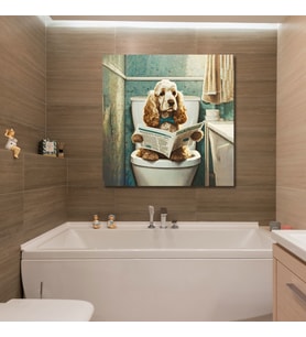 Tekli Kare Kanvas Banyo Tablosu Gazete Okuyan Cocker Spaniel