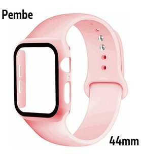 ALLY Apple Watch 4-5-6 44mm Silikon Kordon Kayış ve Ekran Koruyucu Kılıf PEMBE