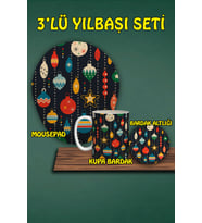 Yılbaşı Temalı 3'lü Bilek Destekli Mousepad Kupa ve Bardak Altlığı Seti