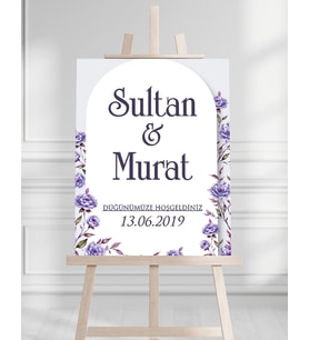 Söz Nişan Düğün İçin 50x70 Karşılama Panosu - Mor Çiçek Tasarımlı 005