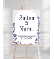 Söz Nişan Düğün İçin 50x70 Karşılama Panosu - Mor Çiçek Tasarımlı 005