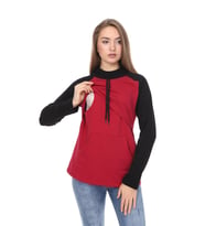 LuvmaBelly MYRA4523 Siyah&Bordo Parçalı Kapüşonlu ve Cepli Emzirme Sweatshirt (Siyah-Bordo)
