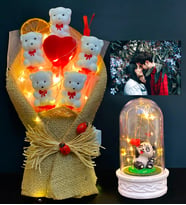 Kişiye Özel Fotoğraflı Hediye Aranjmanı, Led Işıklı Pandalı Tasarım Fanus ve Ayıcık Buketi