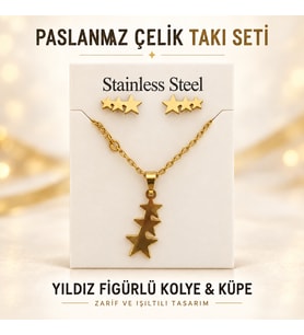 Paslanmaz Çelik Yıldız Figürlü Kolye ve Küpe Takı Seti – Gold Renk