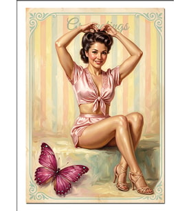 Pembe Kelebekli Retro Pin Up Kadın Dekoratif Kanvas - Mdf Ahşap Tablo