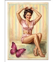 Pembe Kelebekli Retro Pin Up Kadın Dekoratif Kanvas - Mdf Ahşap Tablo