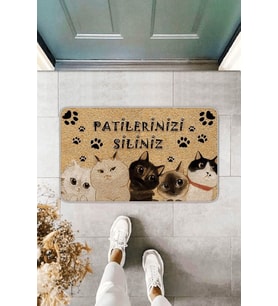 Bej Kedi Temalı Kapı Önü Paspası KP04