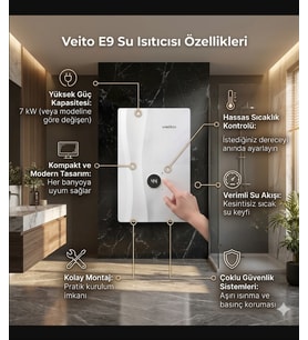 Veito Speed E9 Dokunmatik Dijital Ekranlı Ani Su Isıtıcısı Şofben - 9 kW Güçlü Isıtma, IP25 Su Geçirmezlik Tasarımlı Şofben Elektirikli Şofben (Montaj dahil değildir.)