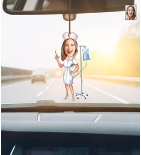 Kişiye Özel Karikatürlü Hemşire Ahşap Araba Dikiz Ayna Süsü