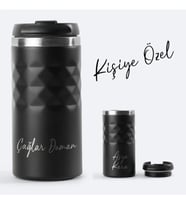 Kişiye Özel İsim Baskılı Geometrik Desenli Siyah Renk Çelik Termos Bardak 300mL