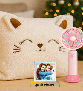Kişiye Özel Polar Pufuduk Kedi Yastık & Mini Şarjlı El Fanı 3 Kademli Turbo