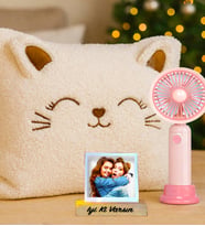 Kişiye Özel Polar Pufuduk Kedi Yastık & Mini Şarjlı El Fanı 3 Kademli Turbo
