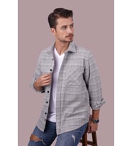 Gri Hasır Desenli Oversize Hediye Kutulu Erkek Gömlek
