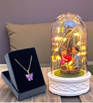 Led Işıklı Tasarımlı Fanus ve Kelebek Kolye Hediye Seti (Model 4)