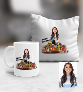 Kişiye Özel Karikatürlü Diyetisyen Kupa ve Yastık Hediye Seti Kadın Diyetisyene Hediye Diyetisyenler Günü Hediyesi (Beyaz)